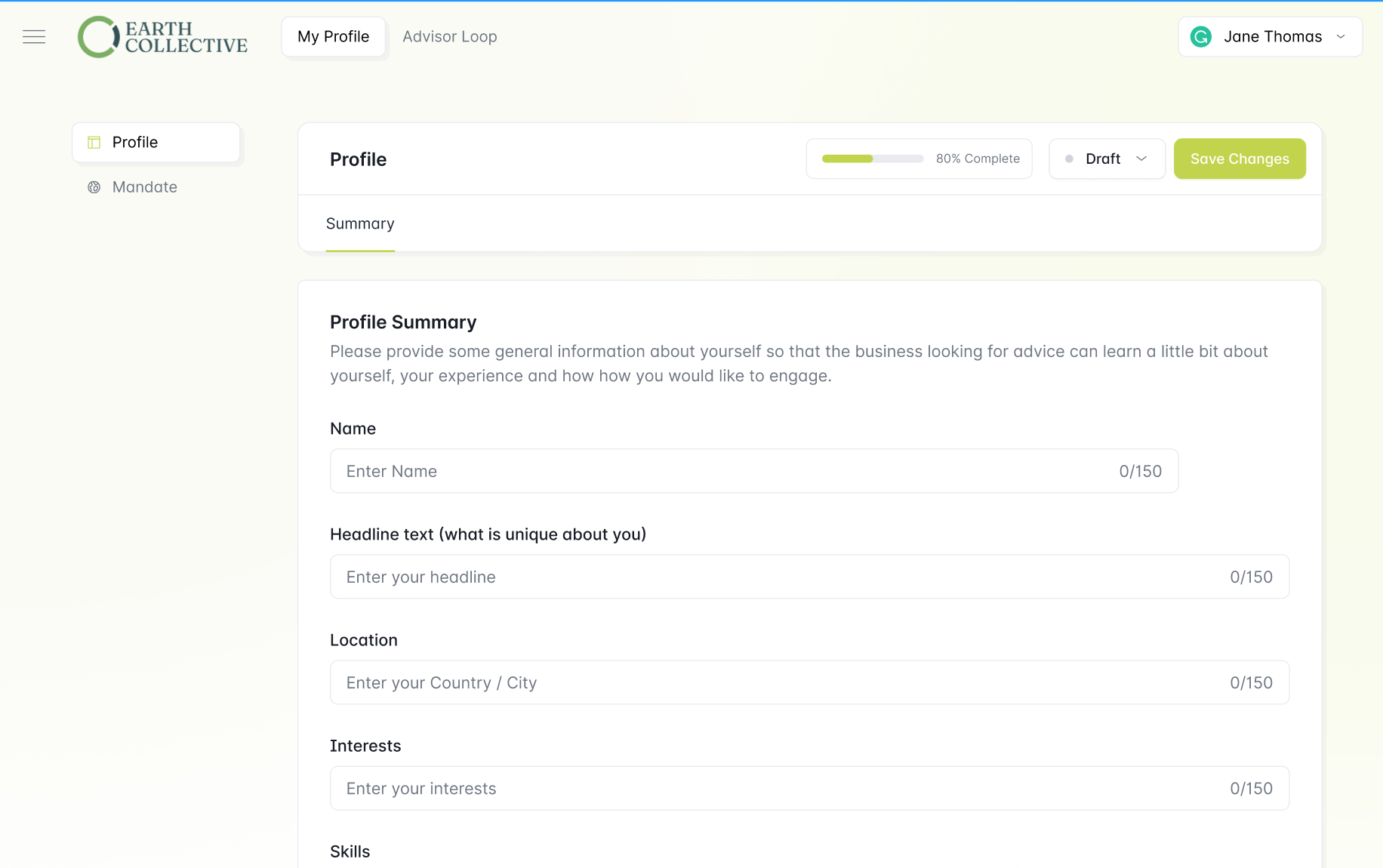 Advisor profile setup with expertise and preferences
